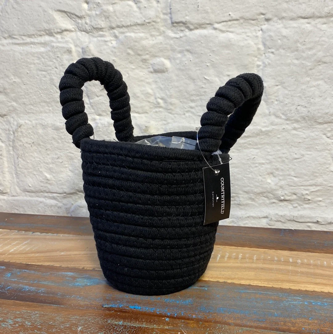 Korb Übertopf schwarz Baumwolle mit Henkel 18 cm - Image 5