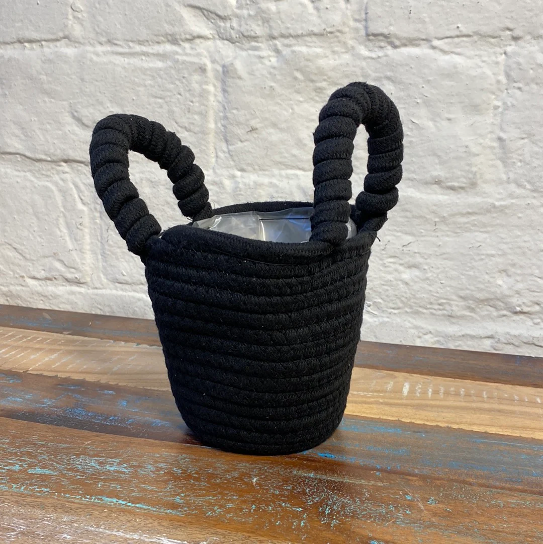 Korb Übertopf schwarz Baumwolle mit Henkel 18 cm - Image 6